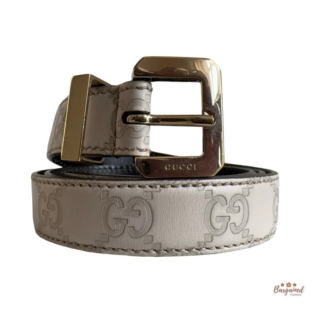 Authentic Gucci Cream Monogram Leather Gold Buckle Belt 85/34